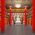Buddhist Temple Interior With Colorful Ceiling Red Pillars And Central Buddha Statue 3d model