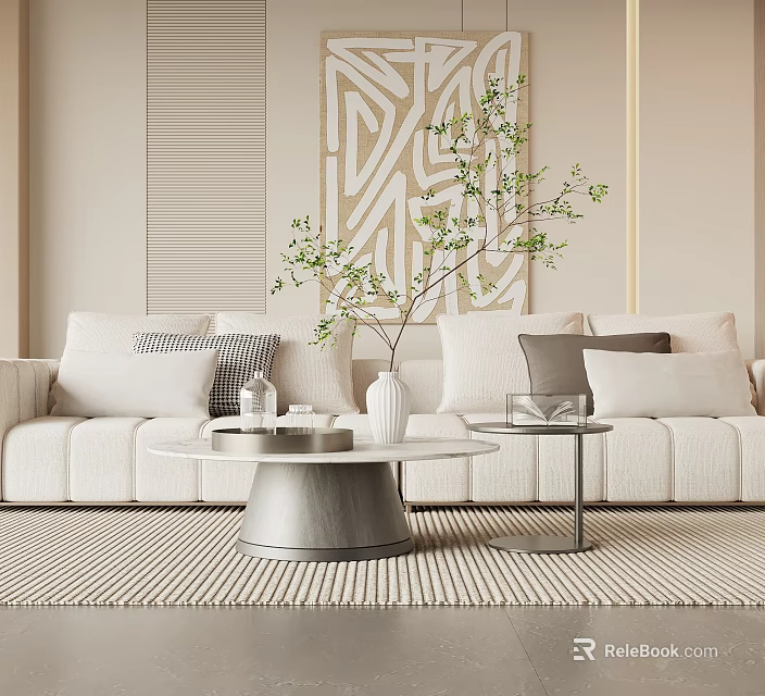 Modern Coffee Table in Living Room with White Sofa Green Plant and Decorative Painting 3d model 