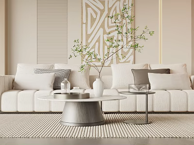 Modern Coffee Table in Living Room with White Sofa Green Plant and Decorative Painting 3d model
