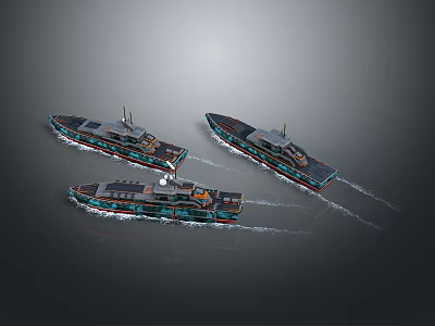 Three Modern Boats Sailing On Calm Water With Wake Trails 3d model
