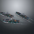 Three Modern Boats Sailing On Calm Water With Wake Trails 3d model