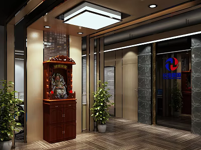 Modern Front Desk Reception Area With Marble Walls Potted Plants And Ceiling Lights 3d model