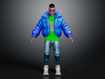 Character In Blue Puffy Jacket Green T-Shirt With Bear Graphic Jeans And Dark Background 3d model