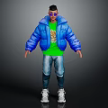 Character In Blue Puffy Jacket Green T-Shirt With Bear Graphic Jeans And Dark Background