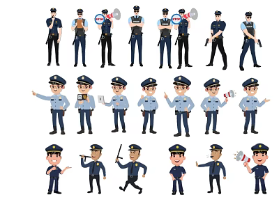 Cartoon Police Officer Character Charms With Various Poses And Equipment Collection 3d model