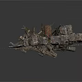 Demolished Construction Site Debris With Rusted Barrel Metal Fragments And Stone Blocks