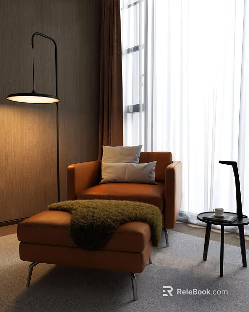 Modern Interior With Brown Accent Chair Pillows Ottoman Fuzzy Blanket Floor Lamp White Curtains 3d model 