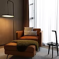 Modern Interior With Brown Accent Chair Pillows Ottoman Fuzzy Blanket Floor Lamp White Curtains