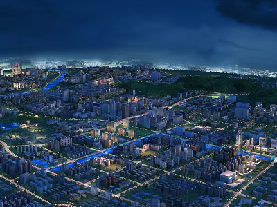 Aerial Planning of Urban Night View with Buildings Roads Green Spaces and Lights 3d model