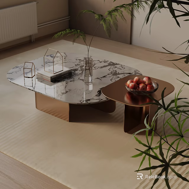 Elegant Modern Sofa Coffee Table Combination with Marble Top Metal Frame and Green Plant Decor 3d model 