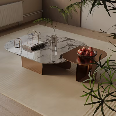 Elegant Modern Sofa Coffee Table Combination with Marble Top Metal Frame and Green Plant Decor 3d model