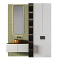 Modern Washbasin with Green Tiled Wall Oval Gold Frame Mirror White Cabinets and Black Shelves