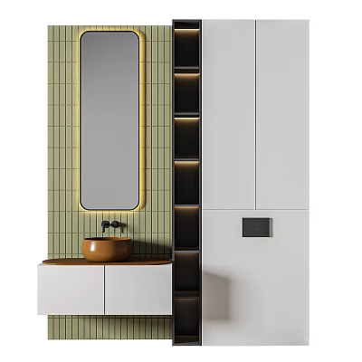 Modern Washbasin with Green Tiled Wall Oval Gold Frame Mirror White Cabinets and Black Shelves 3d model