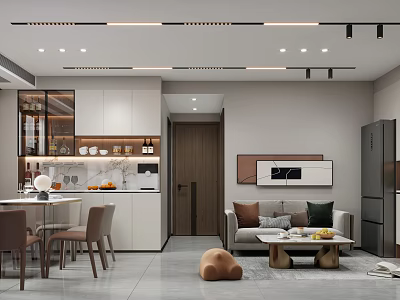 Open Concept Living Dining Room With Modern Sofa Dining Table Cabinets And Ceiling Lights 3d model