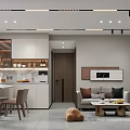 Open Concept Living Dining Room With Modern Sofa Dining Table Cabinets And Ceiling Lights