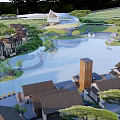 Modern Park Landscape With Curved Architecture Lake Paths And Green Spaces