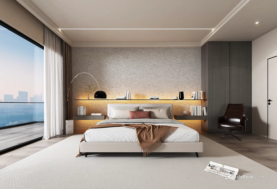 Modern Bedroom Interior With Gray Textured Accent Wall Lit Shelving And City View Windows 3d model 