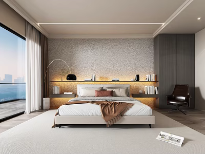 Modern Bedroom Interior With Gray Textured Accent Wall Lit Shelving And City View Windows 3d model