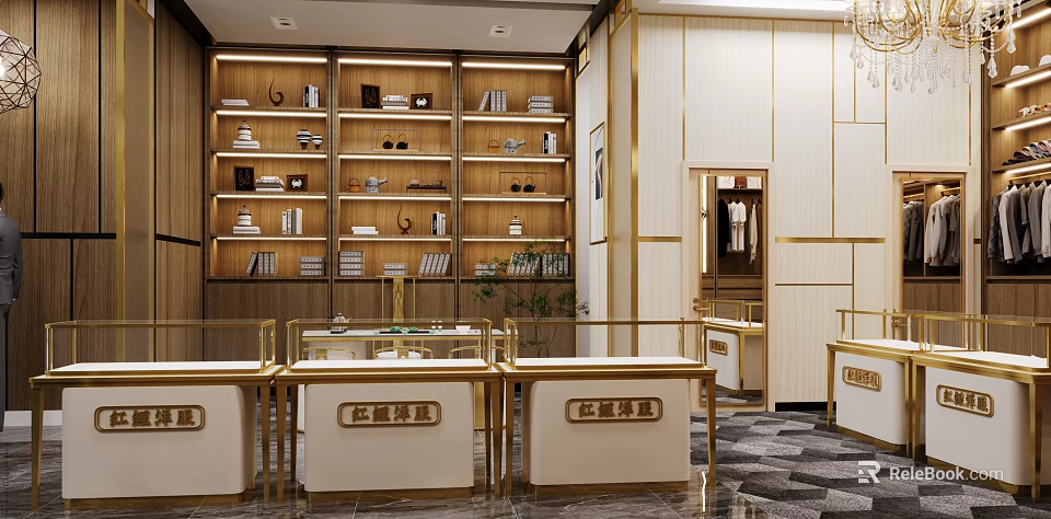 Modern Luxury Clothing Store Interior With Glass Display Counters Golden Decor And Wooden Shelves 3d model 