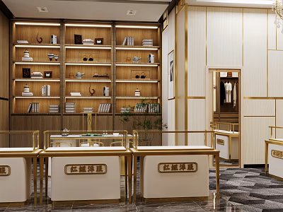 Modern Luxury Clothing Store Interior With Glass Display Counters Golden Decor And Wooden Shelves 3d model