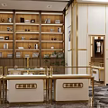 Modern Luxury Clothing Store Interior With Glass Display Counters Golden Decor And Wooden Shelves