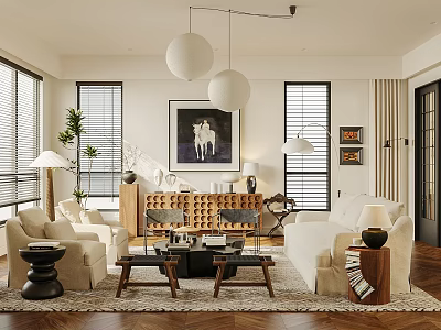 Modern Living Room Interior With Sofa Coffee Table Pendant Lights And Decorative Rug 3d model