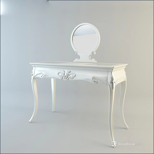 Elegant White Dressing Table With Carved Design Round Mirror And Curved Legs 3d model 
