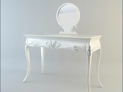 Elegant White Dressing Table With Carved Design Round Mirror And Curved Legs 3d model