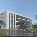 Modern Office Building Exterior Featuring Glass Curtain Wall White Facade Landscaping And Silver Car 3d model