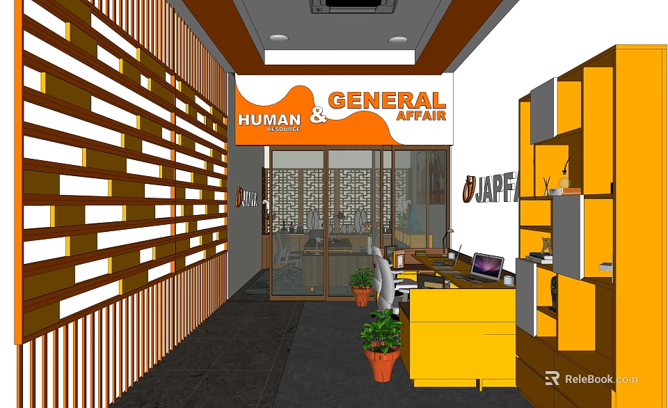 Modern Public Office Area With Yellow Reception Counter Potted Plants And Wooden Panel Wall 3d model 