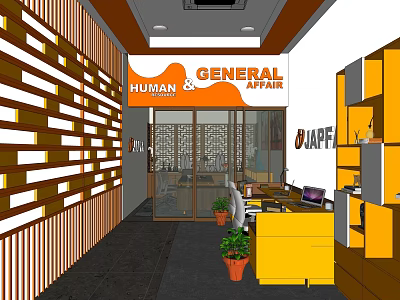 Modern Public Office Area With Yellow Reception Counter Potted Plants And Wooden Panel Wall 3d model
