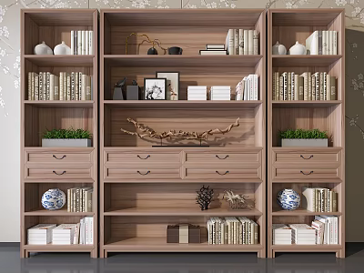 Modern Wooden Bookcase With Shelves Books Decorative Vases Plants And Drawers 3d model