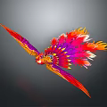 Colorful Bird With Vibrant Red Orange Purple Feathers Flying On Grey Background