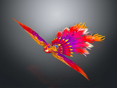 Colorful Bird With Vibrant Red Orange Purple Feathers Flying On Grey Background 3d model