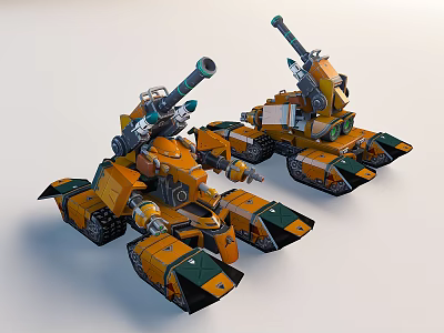 Smart Machines Showcasing Orange Green Tracks And Cannons Robotic Mechanical Design 3d model