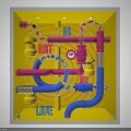 Vibrant Store Window Display With Colorful Art Installation Pink Blue Pipes And ART LIVE LOVE