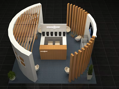 Modern Exhibition Booth With Curved Wooden Partitions Wacom Logo And Reception Counter 3d model