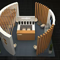 Modern Exhibition Booth With Curved Wooden Partitions Wacom Logo And Reception Counter