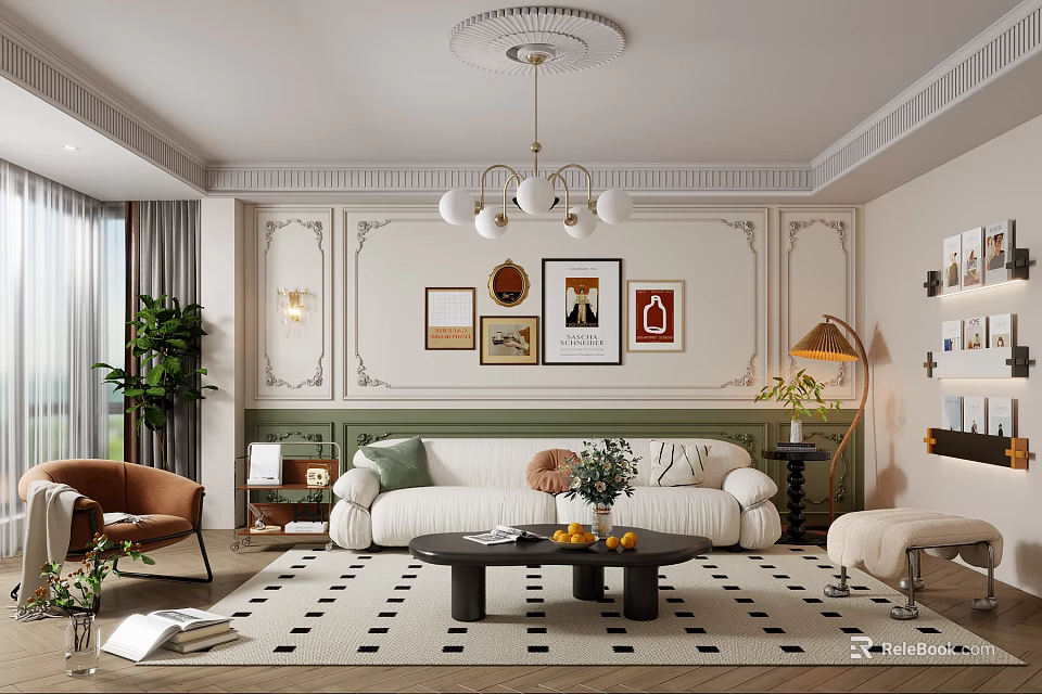 Elegant Modern Living Room Interior With White Sofa Coffee Table Framed Art And Chandelier 3d model 