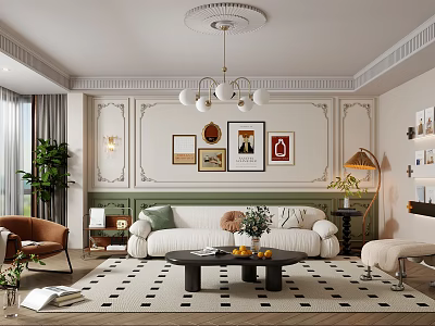 Elegant Modern Living Room Interior With White Sofa Coffee Table Framed Art And Chandelier 3d model