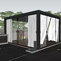 Garden Landscape With Modern Glass House Sliding Doors And Green Plants