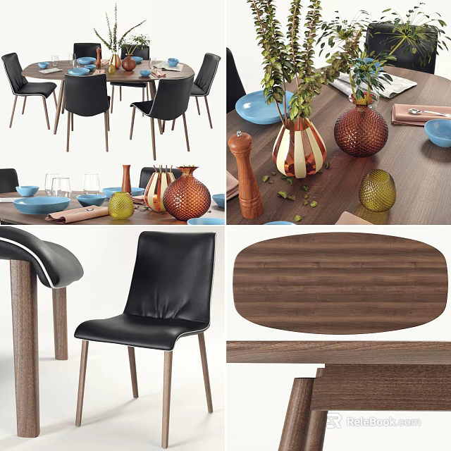 Modern Wooden Dining Table Set with Black Chairs Decorative Vases Pepper Mills and Fruits Tableware 3d model 
