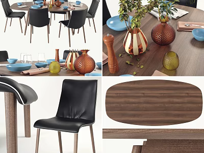 Modern Wooden Dining Table Set with Black Chairs Decorative Vases Pepper Mills and Fruits Tableware 3d model