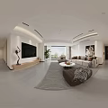 Modern Dining Living Room Interior With Beige Walls Grey Flooring White Cabinets And Artwork Sculpture
