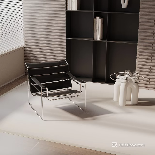 Modern Black Leather Leisure Chair With Metal Frame And White Vases Near Blinds 3d model 