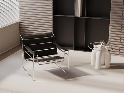 Modern Black Leather Leisure Chair With Metal Frame And White Vases Near Blinds 3d model