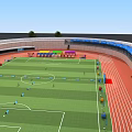 Sports Stadium Aerial View Featuring Green Football Field Red Track And Blue Stands 3d model