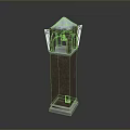 Scenic Tall Brick Tower With Snow Capped Top Arched Openings White Base And Decorative Elements