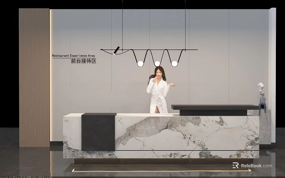 Modern Front Desk Reception Area With Marble Countertop Pendant Lights And Female Staff 3d model 