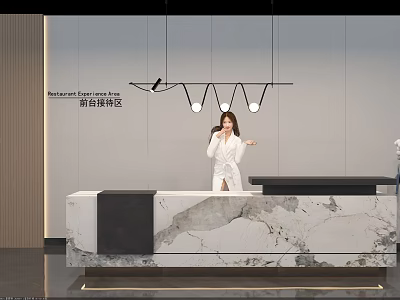 Modern Front Desk Reception Area With Marble Countertop Pendant Lights And Female Staff 3d model